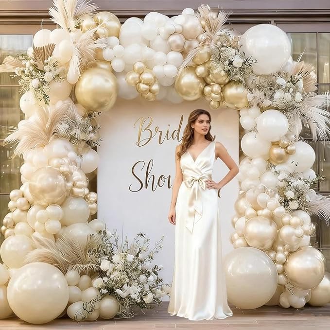 White Gold Balloon Arch Double Stuffed Pearl White Sand Cream Gold Chrome Balloon Garland Kit for Christmas New Year Birthday Baby Shower Wedding Engagement Baptism Party Decorations