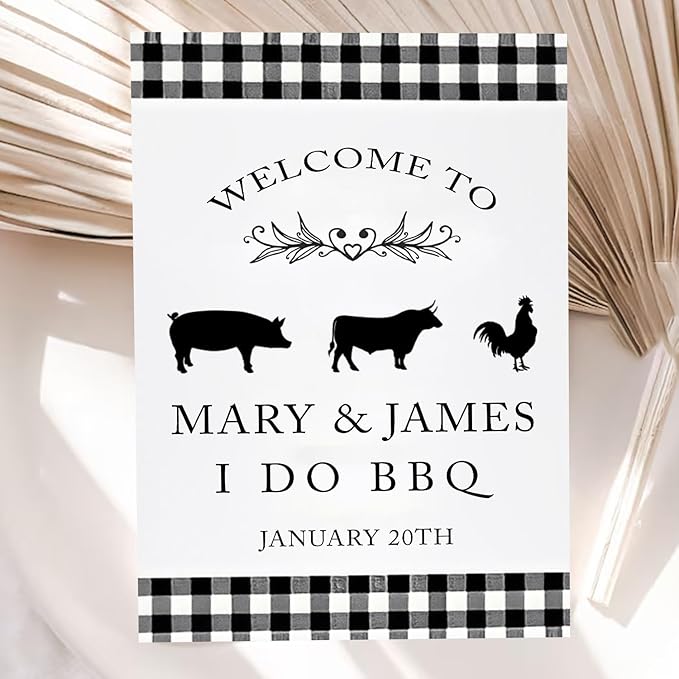 BBQ Welcome Sign for Country Wedding, Backyard Barbe-Q, Printable Decor, Rustic Red Gingham Couples Shower