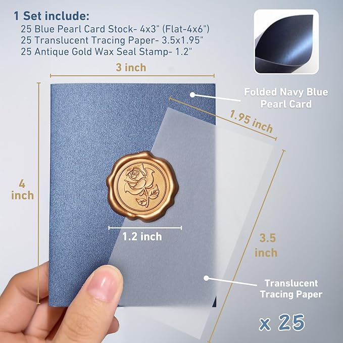 25 Pack Name Cards for Table Setting, Place Cards with Antique Gold Rose Wax Seal Sticker for Wedding, Table Tent Card Stock Handmade Decor for Party, Dinner, Home (Pearlized Navy Blue)