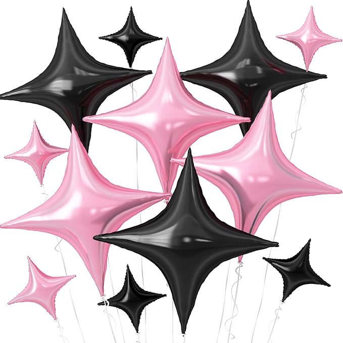 Pink Black Star Balloons,12Pcs Four Angle Star Foil Balloons,26Inch and 10Inch Pink Black Quadrangle Helium Balloon for Birthday Anniversary Party Decorations