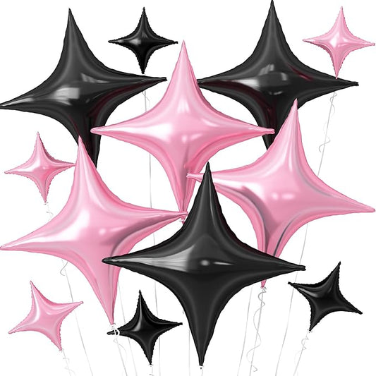 Pink Black Star Balloons,12Pcs Four Angle Star Foil Balloons,26Inch and 10Inch Pink Black Quadrangle Helium Balloon for Birthday Anniversary Party Decorations