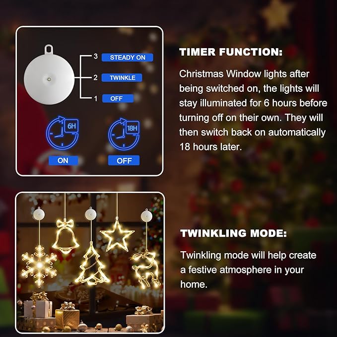 5Pack Christmas Window Lights Decorations with Timer,Battery Powered Christmas Hanging Warm White Lighted Snowflake Tree Star Deer Bells Shaped LED Sucker for Xmas Fireplace Indoor Decor