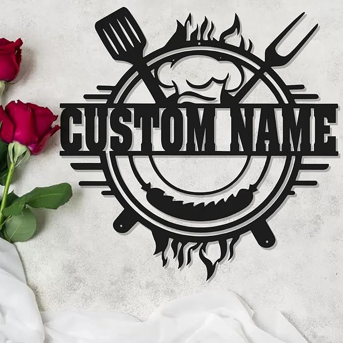 BBQ Grill Metal Sign – Custom Name Plaque for Outdoor Bar, Man Cave, Backyard Barbecue Area, Patio Decoration, Personalized Gift for Dad, Papa, Grandpa, Smoker Shed, Father's Day Gift