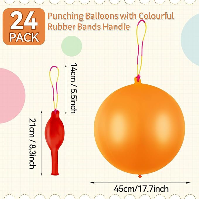 24 Pcs Multicolor Punch Balloons Bounce with Rubber Band Handle Heavy Duty for Birthday party favors, Kid (Multicolor)