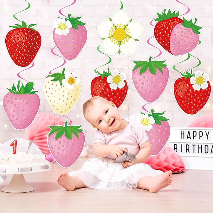 40Pcs Strawberry Hanging Swirls Decorations, Sweet Strawberry Party Ceiling Hanging Swirls Streamers for Berry First Birthday Baby Shower Party Decor Supplies