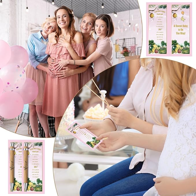 Toerifer Winnie Baby Shower Set: 30 Pcs, Bamboo Pens, Greeting Cards, Gender Reveal Souvenirs, Decor
