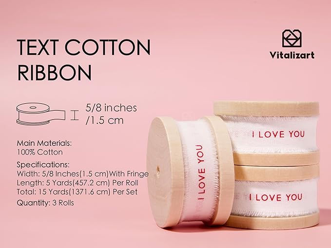 Vitalizart I Love You Cotton Ribbon 5/8 Inch Natural Handmade Frayed Fringe Ribbons for Mothers Day Gift Wrapping Anniversary Crafts Wedding Bridal Flower Bouquets Decor 15 Yd