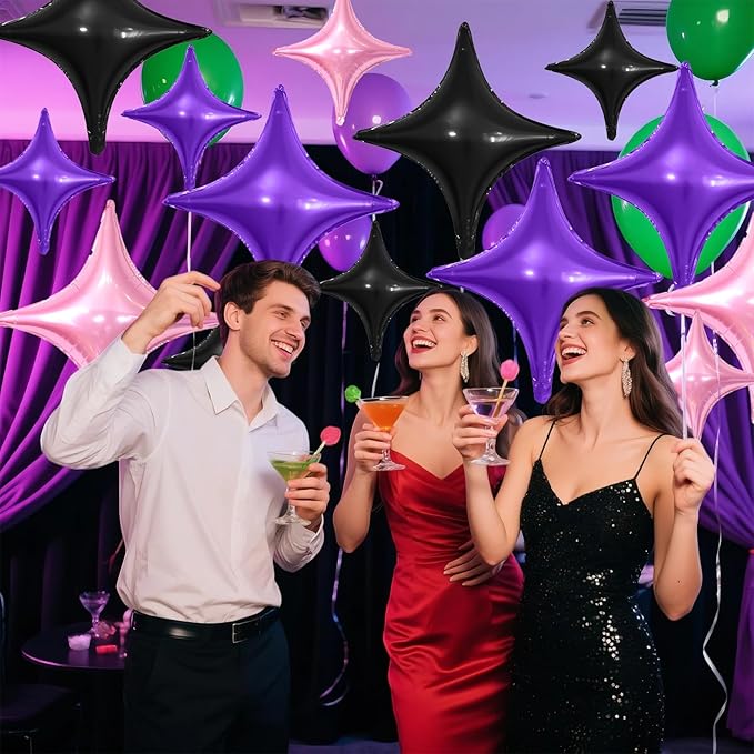 Black Purple Pink Star Balloons,12Pcs Four Angle Star Foil Balloons,26Inch and 10Inch Black Purple Quadrangle Helium Balloon for Girl Theme Birthday Baby Shower Party Decorations