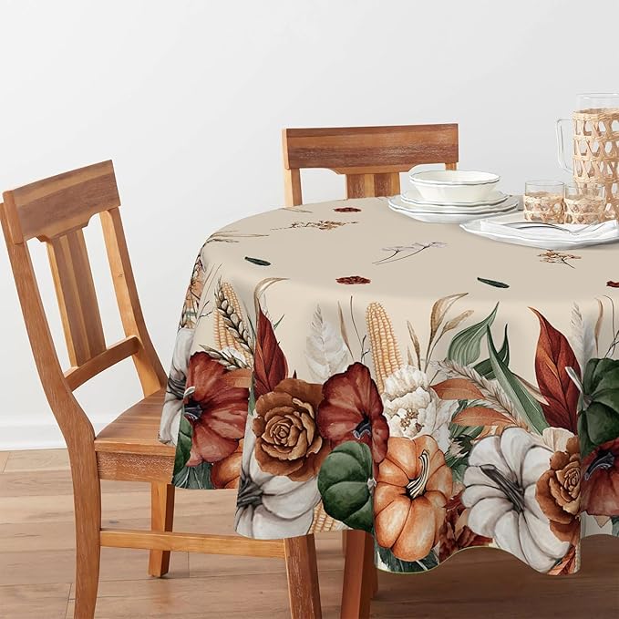 Horaldaily Fall Tablecloth 90×90 Inch Round, Flower Autumn Harvest Pumpkin Washable Seasonal Table Cover for Party Picnic Dinner Decor