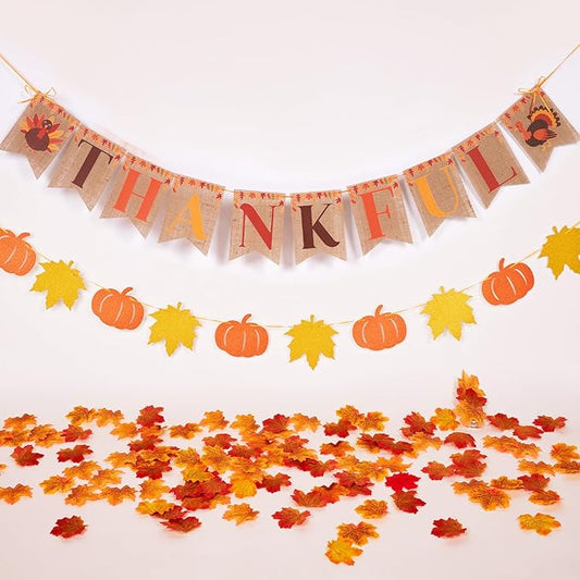 Fall Party Decorations, with Pre-Strung Thankful Burlap Banner and 100 Pcs Maple Leaf Confetti for Autumn Thanksgiving Home Decorations