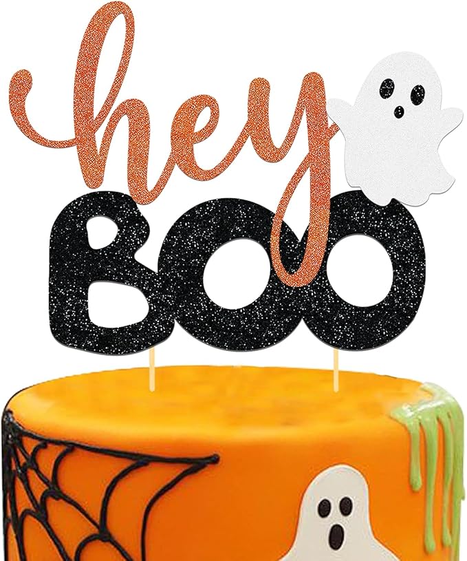 Hey Boo Cake Topper - Happy Boo Day Ghost Cake Topper, Ghost Halloween Cake Decorations for Birthday, Baby Shower, Party Supplies