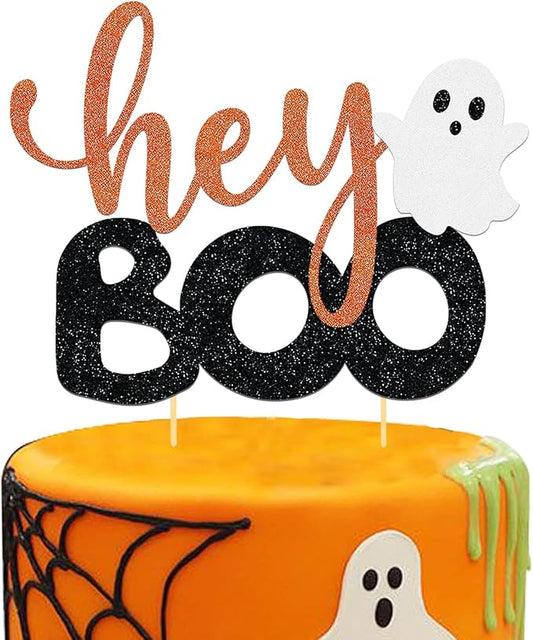 Hey Boo Cake Topper - Happy Boo Day Ghost Cake Topper, Ghost Halloween Cake Decorations for Birthday, Baby Shower, Party Supplies