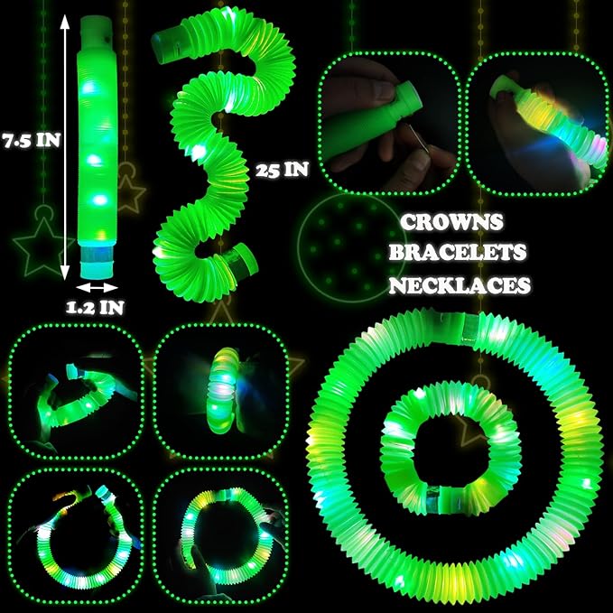 12-24 PCS Green Glow Sticks Christmas Party Favors for Kids,LED Light up Pop Tubes for Toddlers,Neon Necklaces Bracelets Accessories,Glow New Year Eve Party Supplies Birthday Dance Camping Decorations