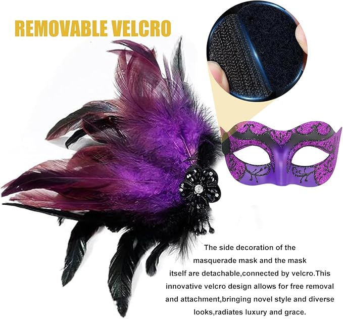 Masquerade Mask for Women Shiny Venetian Mask for Halloween Mardi Gras Costume Party Ball with Feather flower dec.