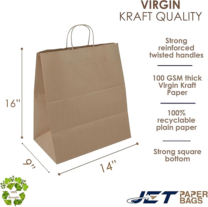 JET PAPER BAGS - Large Brown Paper Bags with Handles 14”x9”x16” Inch [25 Pcs] Prime for Takeout, Grocery, Goody, Retail, Party, Gifts, Weddings