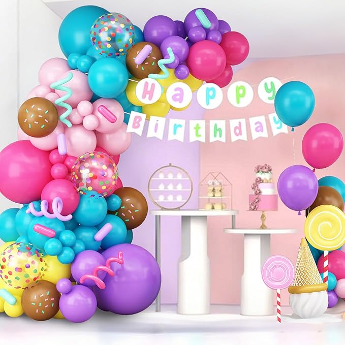 Rainbow Colorful Balloons Arch for Candy Sweet One Two Donut Grow Up Ice Cream Birthday Party Decorations Pastel Purple Pink Blue Yellow Brown Confetti Latex Balloons Garland with Long Balloon