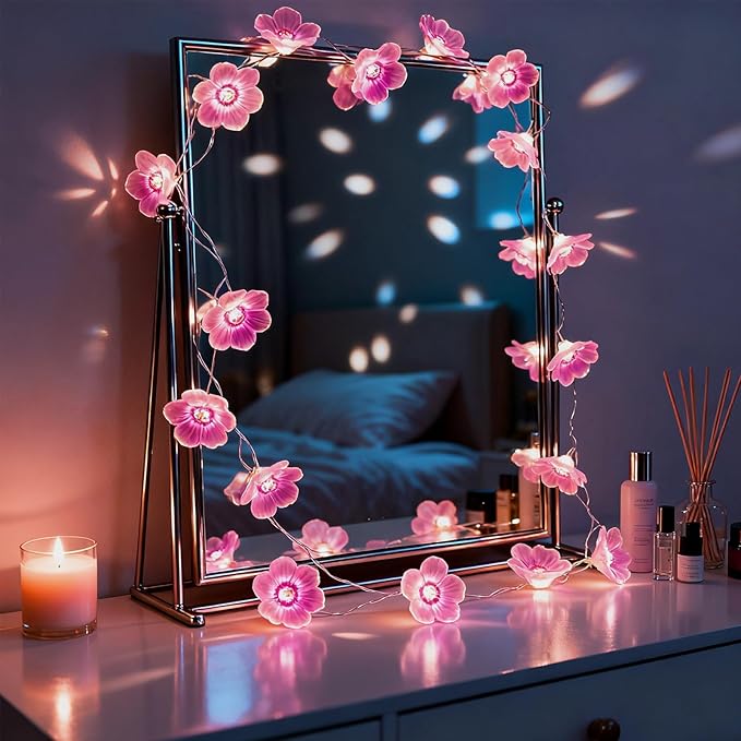 Pink Fairy Cherry Blossom Flower String Lights for Bedroom, USB Plug in and Battery Operated 13ft 40 LED Cute Indoor Outdoor Hanging Decorations for Birthday Wedding Party Christmas Easter