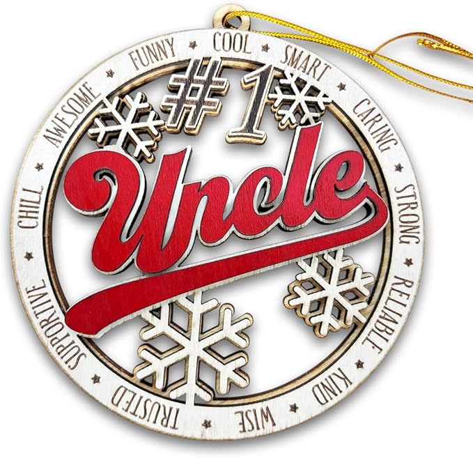 #1 Uncle Wooden Christmas Ornament – Best Uncle Holiday Tree Hanging Decoration, Rustic Family Xmas Gift with Snowflakes & Words