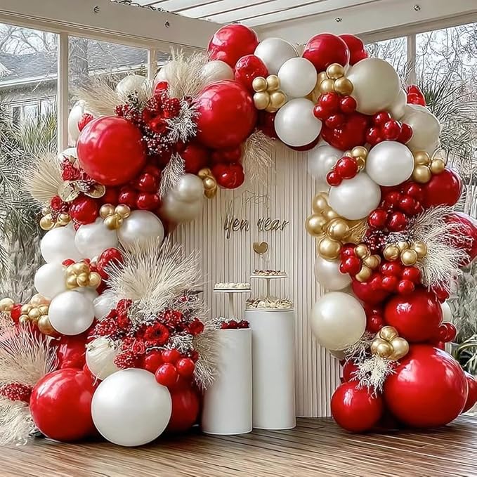 Red White Gold Balloon Garland Double Stuffed Burgundy Red White Sand Pearl Balloon Arch Kit Maroon Wine Balloons for Birthday Wedding Engagement Anniversary Christmas New Year Party Decorations