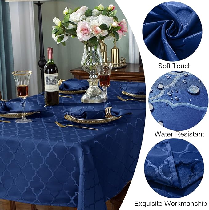 SASTYBALE Jacquard Tablecloth Damask Fabric Table Cloth Water Resistant & Wrinkle Free Spill-Proof Durable Polyester Table Cover for Kitchen Dining Tabletop (Square, 52" x 52" (2-4 Seats), Navy)