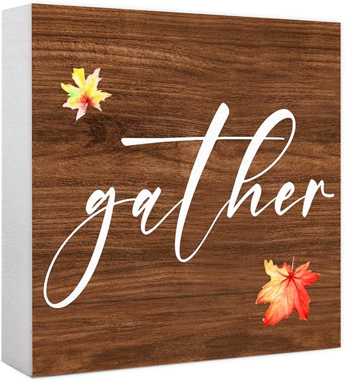 Funny Autumn Wood Box Sign Gather Wooden Block Desk Decor for Home Office Kitchen Cubicle Table Shelf Tabletop,Farmhouse Fall Sign Decor