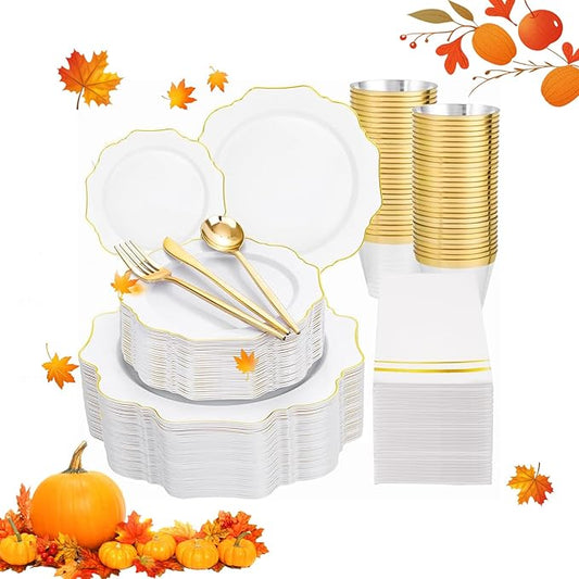 WDF 350PCS White and Gold Plastic Plates - Gold Plates Disposable 50Guest Plastic Dinnerware Ideal for Party/Wedding/Birthday/Thanksgiving