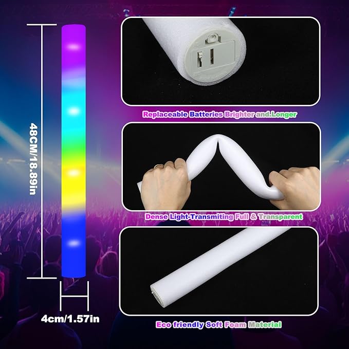 100 Pcs 18.5 inch Foam Glow Sticks Bulk - 4 Colors, Steady Bright Light Up Sticks for Weddings, Birthdays, Christmas, Halloween | Foam Glow Sticks Bulk Reusable, 6-Hr Glow, Eco-Friendly Foam