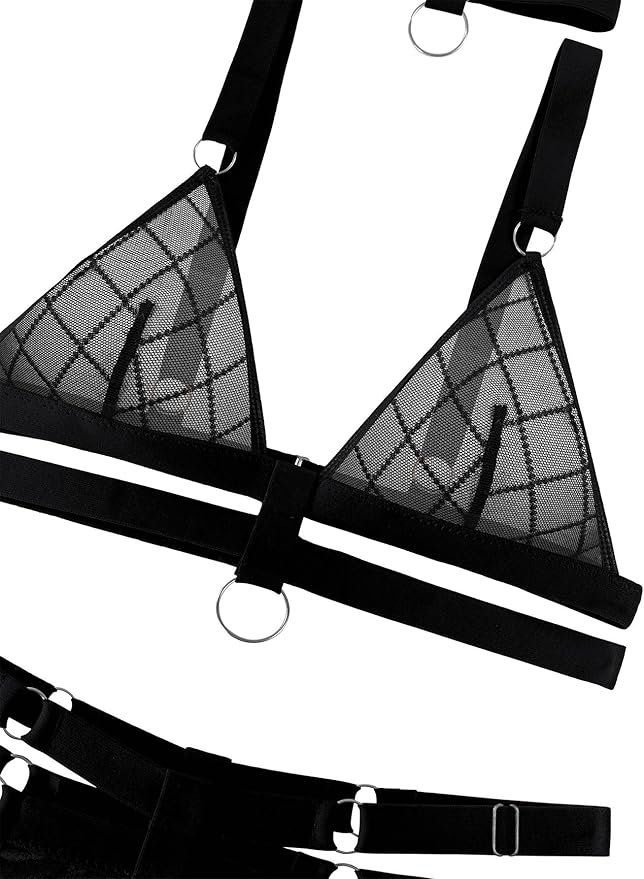 Lilosy Sexy Wireless Choker O Ring Linked Strappy Harness Lingerie Set Outfits 3 Piece