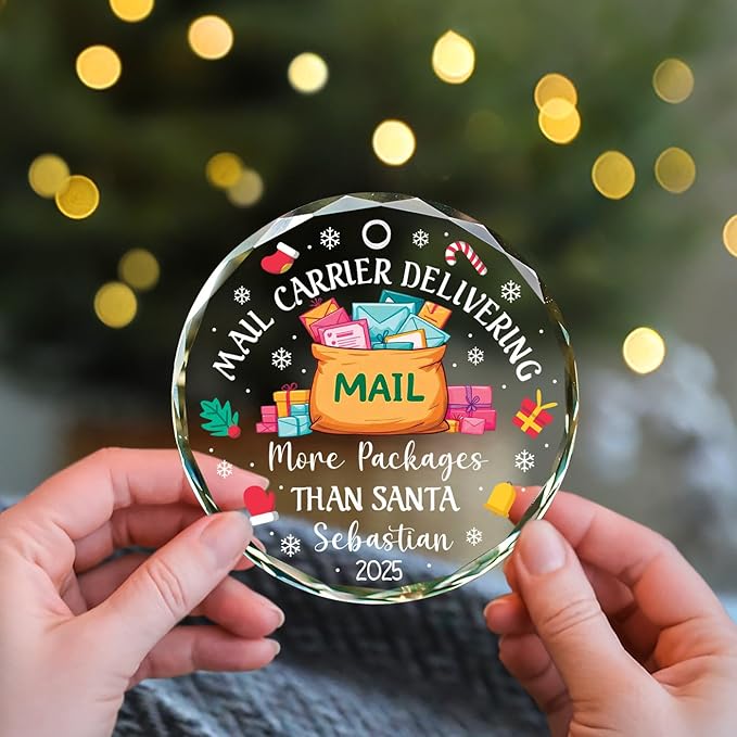 Personalized Mailman Ornaments Christmas 2025, Mail Carrier Delivering More Packages Than Santa Glass Ornament, Xmas Tree Decoration for Mailman Postal Worker & Driver, Custom Name & Year Ornaments