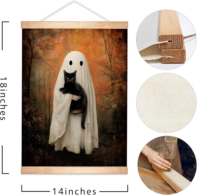 Rustic Ghost and Black Cat Wall Art 18.5x14 Inch,Fun Ghost Linen Canvas Wall Hanging Poster Decor, Retro Gothic Haunted House Theme Wall Poster for Library Reading Corner,Halloween Decorations (BLK05)