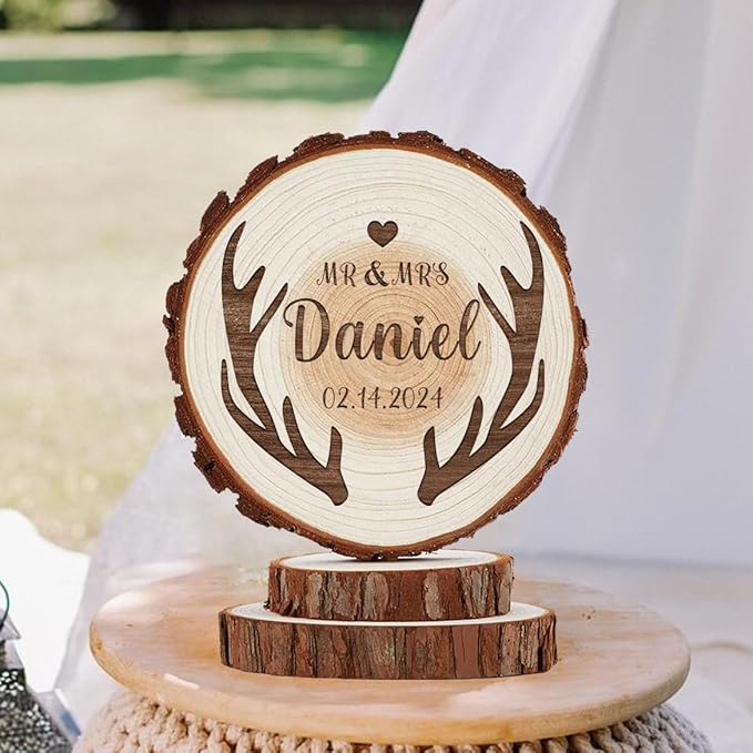 Antler Wedding Cake Topper, Personalized Rustic Country Decor for Grooms and Bride Cake Decorations, Custom Wood Mr & Mrs Boho Anniversary Keepsake, Custom Deer Lovers Couple Gifts