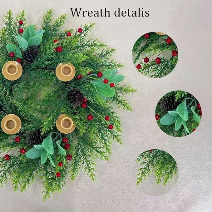 20 Inch Christmas Candlestick Wreath for Front Door,Artificial Pine Wood Paired with Berries Used for Window, Wall, Porch, and Other Indoor and Outdoor Home Decorations