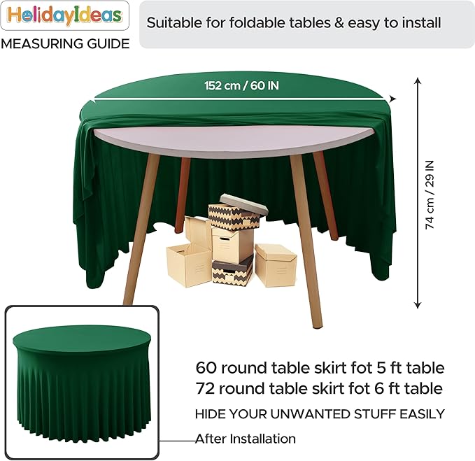 HolidayIdeas 6 Pack Hunter Green Spandex Table Skirts for 60 Inch Round Tables, Fitted Covers for Christmas Receptions