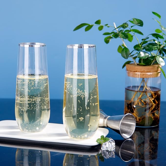SUT 24PCS Silver Champagne Flutes Plastic, 9oz Stemless Plastic Champagne Glasses, Clear plastic Toasting Glasses With Silver Rim, Unbreakable, Shatterproof Mimosa Glasses, For Party,Shower