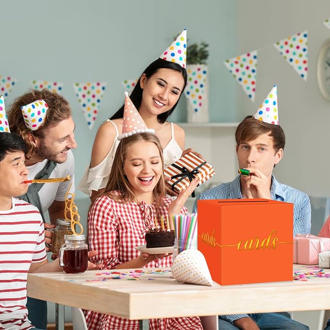 1 Pack Orange and Gold Foil Card Box for Party, 8.7" Orange Gift Card Box for Birthday, Wedding, Baby Shower, Retirement, Anniversary, Graduation, Raffle Ticket, Halloween, Thanksgiving