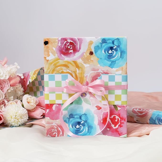 LaRibbons Reversible Floral Wrapping Paper Roll, 17 Inch x 33 Feet (46.7 Sq. Ft) Double-Sided Colorful Watercolor Rose and Colorful Checkered Design for Wedding, Mother’s Day, Bridal Shower, Easter