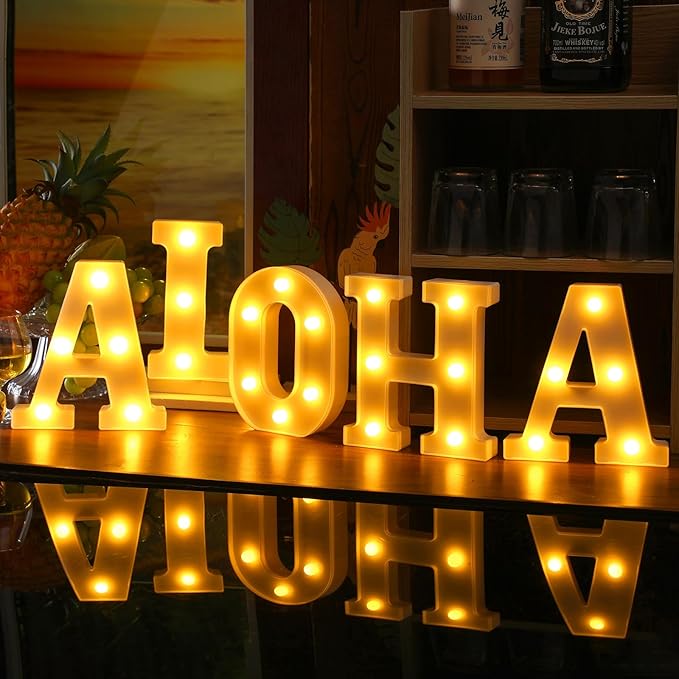 5 Pcs Hawaiian Luau Party Decorations Aloha Light up Sign Aloha LED Marquee Letter for Party Decorations Battery Powered Tropical Alphabet Letter Summer LED Lights for Wedding Night Birthday