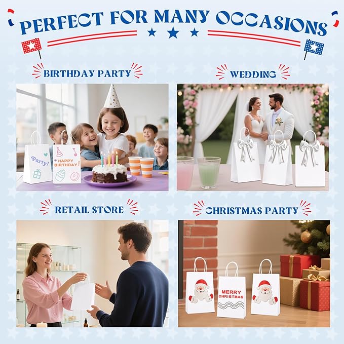 MESHA Gift Paper Bags 300 PACK 5.25x3.75x8'' White Small Shopping Kraft Bags Bulk with Handles Reusable for Business Grocery Birthday Wedding Kids Party Favors(Made in USA)