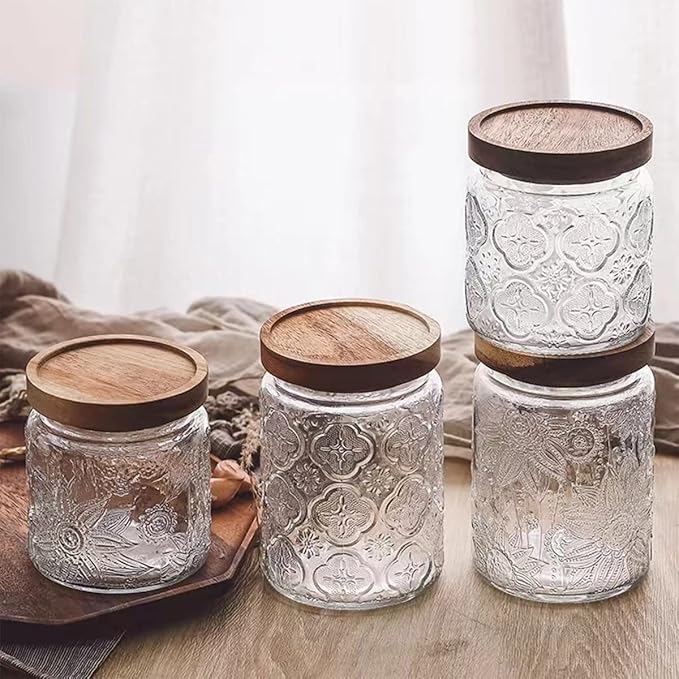ANSQU 4 Pack Vintage Glass Storage Jar, 16.9 FL OZ Glass Canister Storage Jar Container with Airtight Wooden Lid for Kitchen Counter, Pantry, Coffee, Tea, Sugar, Cookie Jars (Begonia&Sunflower)