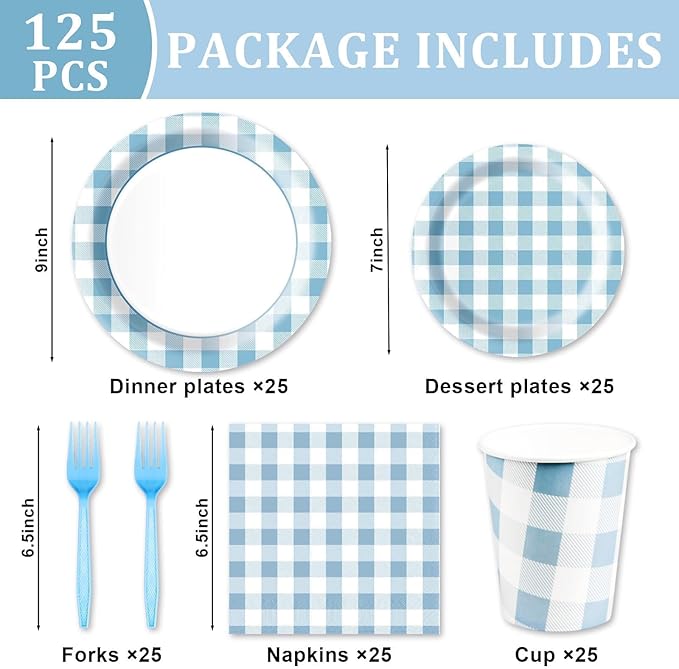 Blue Gingham Plates and Napkins Party Supplies, Blue and White Disposable Tableware Set, Checkered Plaid Paper Plates for Birthday Family Dinner Picnic Barbecue Baby Shower Decor Serves 25