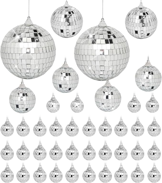 Mini Mirror Disco Ball Ornaments: Hanging Disco Ball Silver Party Decorations Set 42 Pack - Small Mirror Balls Decor for Wedding Christmas Birthday Cake Topper (1.2/2/2.4/3 Inch)