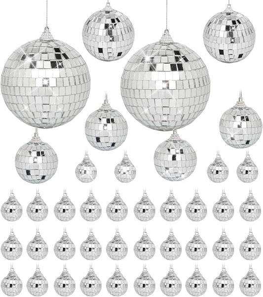 Mini Mirror Disco Ball Ornaments: Hanging Disco Ball Silver Party Decorations Set 42 Pack - Small Mirror Balls Decor for Wedding Christmas Birthday Cake Topper (1.2/2/2.4/3 Inch)