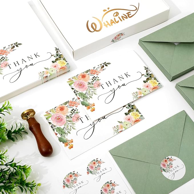 Whaline 50 Pack Floral Thank You Cards Boxed Watercolor Flower with Green Leaves Blank Note Cards with Envelopes Stickers Greeting Card for Spring Wedding Birthday