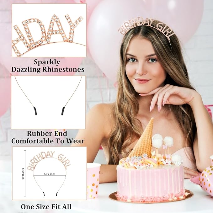 CAVETEE Birthday Girl Crown and Sash， Princess Tiara Happy Birthday Headband Party Accessories for Women and Girls