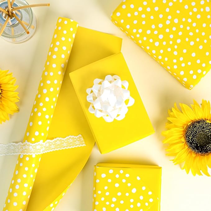 WRAPAHOLIC Reversible Wrapping Paper - Mini Roll - 17 Inch X 33 Feet - Yellow and Delicate Polka Dots Design for Birthday, Holiday, Wedding, Baby Shower