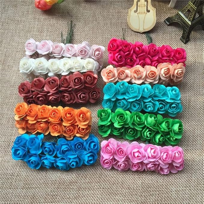 144pcs Mulberry Paper Mini Roses Artificial Flowers Heads with Stems for DIY Crafts Accessories Make Bridal Hair Clips Headbands Dress Wedding Bridal Bouquets Party Home Decor Valentine's (Champagne)
