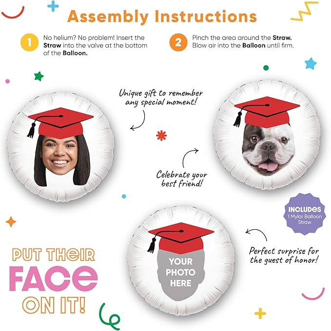 Big Dot of Happiness Personalized Red Grad Cap Fun Face Photo Balloon, Elementary High School College Custom Graduation Party Decorations, Double-Sided Round Circle Mylar, 1 Piece
