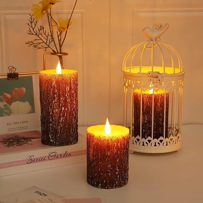 Pine Bark Effect Flameless Candles Battery Operated Pillar Real Wax Flickering Electric LED Candle Sets with Remote Control Cycling 24 Hours Timer, 3" x 4" 5" 6" Pack of 3