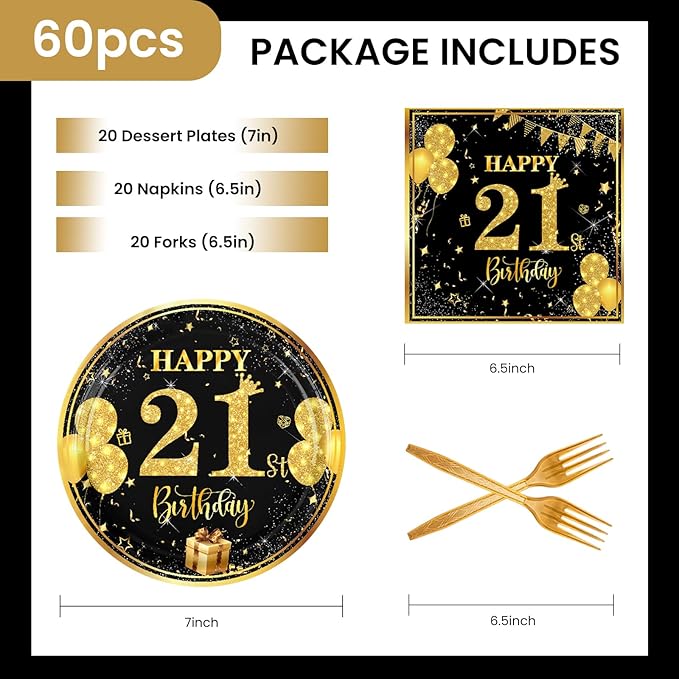 21th 7 inch Birthday Party Paper Plates and Napkins Forks 60 pcs Black Gold Birthday Decorations for Boys Girls Tableware Set Anniversary Party Supplies,Serve 20