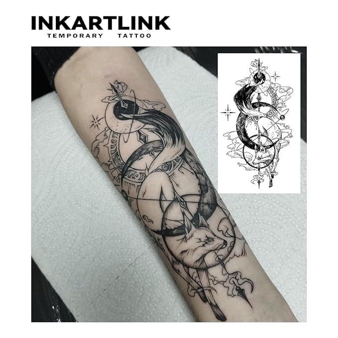 INKARTLINK Tattoo Tech, 2 Sheets Extra-Large Semi Permanent Tattoo, Adult Art Design Temporary Tattoos, Lasts 1-2 Weeks, Waterproof, Realistic Look, No Adhesive, No Reflection (Fox God Design)